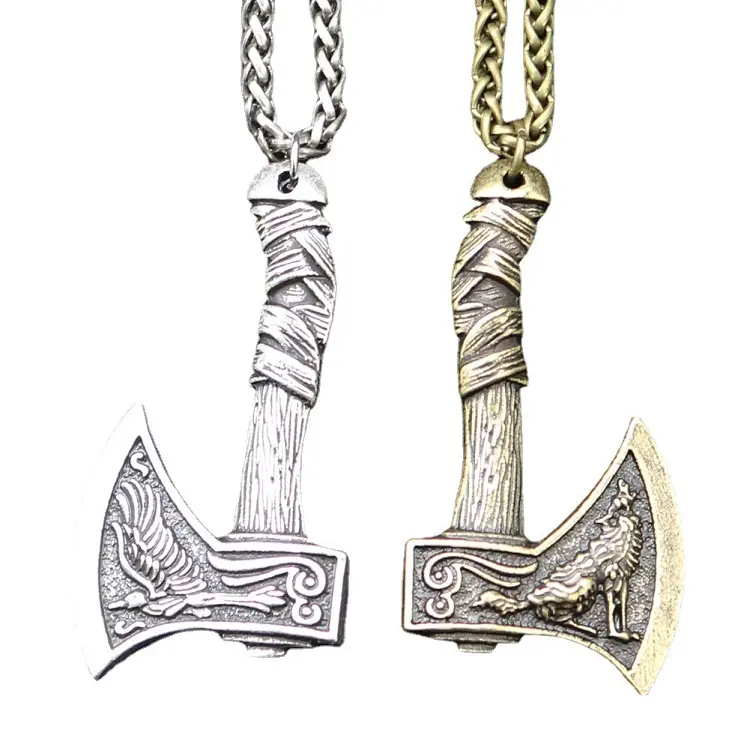 Vintage men's alloy necklace Viking pirate Celtic wolf crow double sided axe Pendant Jewelry