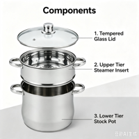 Ensemble de casseroles en acier inoxydable à 2 niveaux, cuiseur vapeur avec couvercle en verre, compatible induction, passe au lave-vaisselle, écologique, capacité de 4 à 14 L