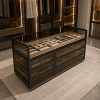 Meuble îlot de luxe sur mesure pour dressing, avec présentoir à bijoux, tiroirs en verre fumé et plateaux de rangement en suède