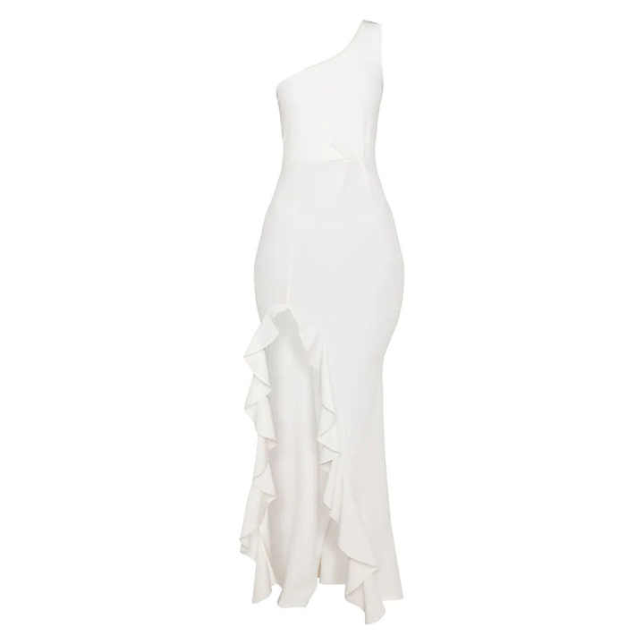Custom Elegant White One Shoulder Ruffle Hem Party Dress Figure-Hugging Fit Chiffon Slit Sexy Women Maxi Dress