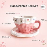 Tasse à café en céramique 350 ml avec soucoupe, motif floral peint à la main, bord ondulé rose, ensemble de tasses à thé du matin en porcelaine