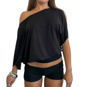 Ensemble deux pièces décontracté noir pour femme : T-shirt ample à manches courtes dos nu à nouer + Short taille basse patchwork avec ceinture - Product Image 2