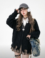 Cardigan zippé en tricot torsadé effet vieilli |   Pull oversize à col en V avec bords effilochés, style universitaire doux et branché pour femme