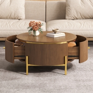 Modern <b>Round</b> Coffee <b>Table</b> with 2 Large Drawers Storage Eco-Friendly Durable Brown 31.5" Living Room Furniture - Product Image 2