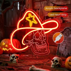 Skull LED neon cowboy hat Halloween decoration light USB powered indoor shop window ambient light indicator <b>sign</b> 5V 12V - Product Image 1