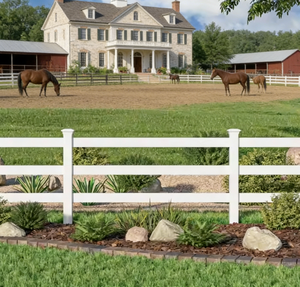 Valla de PVC de 3 rieles para caballos, vinilo blanco, 4.5 pies de altura, ecológica, certificada, fácil de montar, modelado 3D - Product Image 1