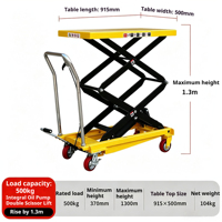 Chariot à double ciseaux manuel à jambes pliantes en acier au carbone, hauteur de levage 1,3 m, plateforme 915x500 mm pour le stockage et le transport