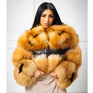 RXFurs Manteau de fourrure à fermeture éclair pour l'hiver, manteau de luxe épais et court en fourrure de renard roux naturel avec veste en cuir - Product Image 2