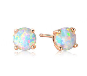 Trendy Rose Gold Plated 925 Sterling Silver 6mm Round Cut White Opal Solitaire Stud <b>Earrings</b> for Engagement & Wedding - Product Image 1