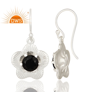 New Flower Design 925 Sterling Fine Silver Hook <b>Earrings</b> Jewelry Manufacturer Black <b>Onyx</b> Gemstone Prong Set <b>Earrings</b> - Product Image 3