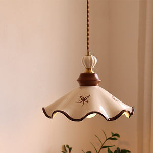 Retro Hand Painted Ceramic Pendant <b>Light</b> Cream Color With Brown Trim Single Head For Home Dining Room Bedroom Entryway - Product Image 3