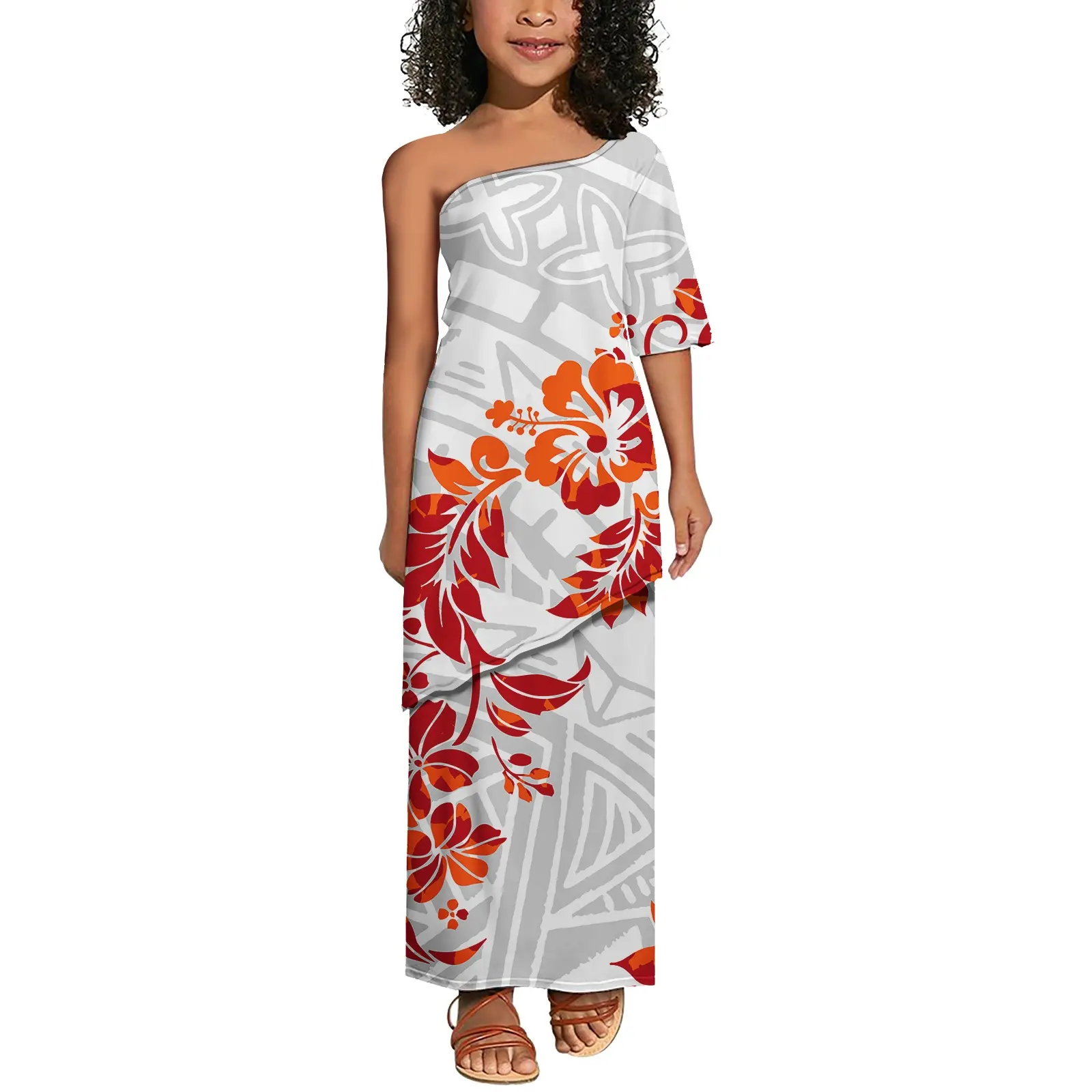 Weiße Hibiskusblumen Samoa Puleatsi Kinderkleidung polynesisches indigenes Design Party Prinzessenkleid Kinderkleidung für Mädchen