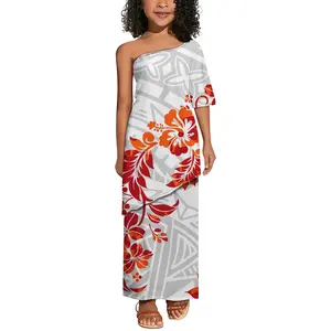 White Hibiscus Flowers Samoa Puleatsi Kid's Clothing Polynesian Tribal Design Party Princess Dress Children's Clothes For Girl