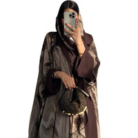 Abaya musulmane de luxe sur mesure en gros à Dubaï 2025, imprimé marbre brun, pour femmes, avec hijab assorti, robe ample et modeste