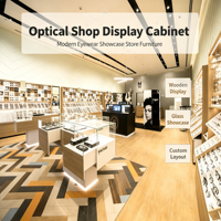 Ensemble de mobilier moderne pour magasin d'optique, présentoir mural en bois pour lunettes, vitrine centrale en verre avec éclairage LED