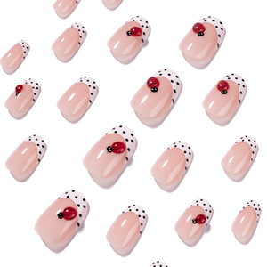<span class=keywords><strong>Uñas</strong></span> Postizas <span class=keywords><strong>Cortas</strong></span> Almendradas Color Nude <span class=keywords><strong>con</strong></span> Punta Francesa Blanca y Puntos Negros, Reutilizables para Mujeres, Venta al Por Mayor - Product Image 4