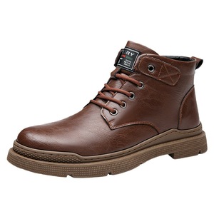 Bottes Martin pour hommes, hauteur cheville, bout rond, talon plat, doublure en peluche, semelle extérieure en caoutchouc antidérapante, couleur unie, décorées de rivets, hiver - Product Image 5