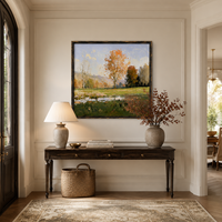 Peinture à l'huile Présage d'automne, Paysage de bassin d'orangers, Art mural sur toile, Taille personnalisée, Cadre noir vintage pour Hôtel, Villa, Salon