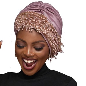 Vente en Gros Dernière Collection Coiffes Nigérianes Aso <span class=keywords><strong>Oke</strong></span> pour Femmes, Bandeaux à Paillettes et Perles Dorées, Turbans Musulmans Africains de Luxe Unis - Product Image 2