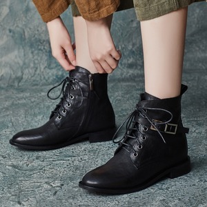 Bottines à plateforme en cuir de vache, style britannique, à bout pointu, avec fermeture éclair latérale et lacets, bottes Martin pour femmes, nouvelle collection automne/hiver - Product Image 3