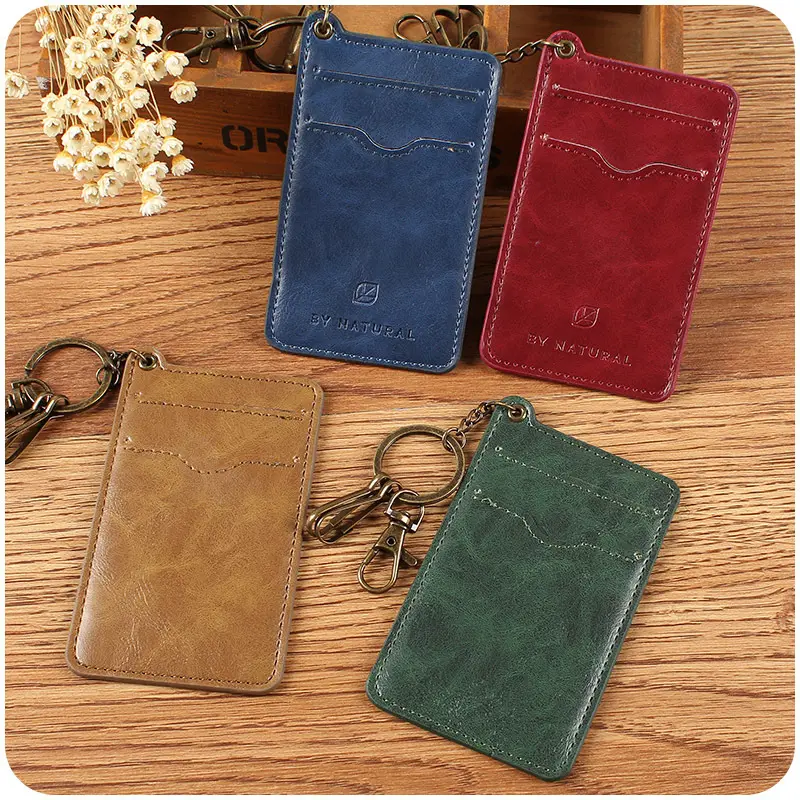 2023 Fashion Retro Men Women Leather Card Set Name Badge Pouch Card Holder Clutch Wallet with Key Chain ID Card Holder Keychain