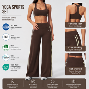 Ensemble de yoga deux pièces : pantalon large à double bande latérale personnalisée et soutien-gorge de sport à col rond taille haute avec contrôle du ventre - Product Image 2