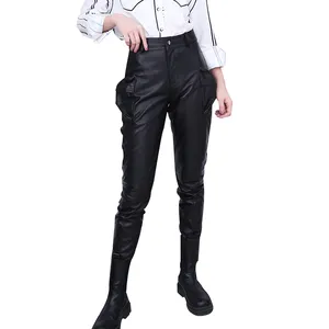 Cool Fashion Lambskin Pocket Skinny Leg Pants Cargo Pants Genuine Leather Trousers