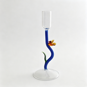 Support <span class=keywords><strong>de</strong></span> <span class=keywords><strong>bougie</strong></span> en verre artisanal en gros, avec <span class=keywords><strong>tige</strong></span> ondulée bleue et ornement oiseau, élégant chandelier en verre pour centre <span class=keywords><strong>de</strong></span> table, cadeau - Product Image 1
