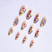 Lot de 24 faux ongles nude à motifs floraux pour le Nouvel An, forme amande ou cercueil, en ABS, pré-dessinés, couvrance totale, longueur moyenne, pour DIY et salon