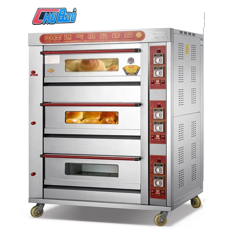 Équipement de cuisson de pain de cuisine professionnelle italie 3 pont 6 plateaux four à pizza à gaz avec rotatif