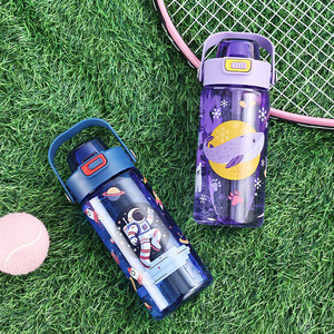 Cartoon Kids Water Bottles With Straw Flip Top <b>Plastic</b> <b>Drinkware</b> For Outdoor Activities Bpa Free With Strap - Product Image 5