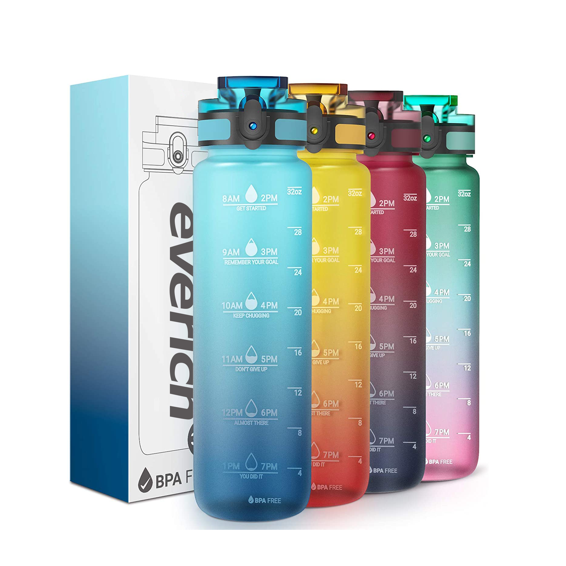 Everich 32 oz OEM пластиковая Спортивная бутылка, герметичная тритановая мотивирующая бутылка для воды с таймером