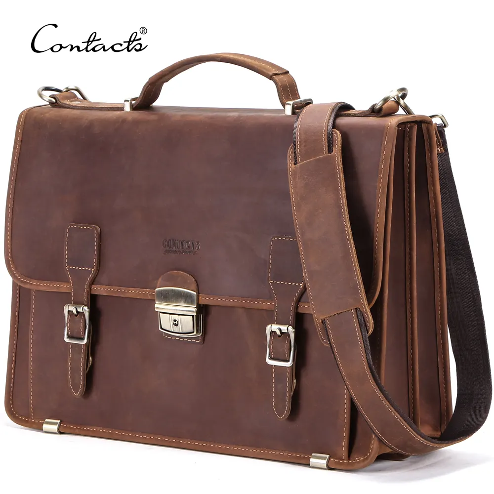 contact's new design wholesale custom oil nubuck leather 14 inch messenger bags crossbody laptop expand travel for men