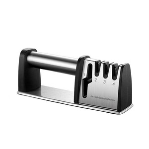 Aiguiseur de couteaux et de ciseaux manuel 4-en-1, restaure la tranchance des lames, boîtier en acier inoxydable, base antidérapante - Product Image 1