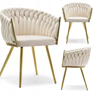 Classic Nordic Home Furniture Woven Armchairs Velvet Fabric Gold Metal Base Dining Chair