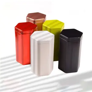다채로운 육각형 모양의 휴대용 보관 용기 선물 취급 차 커피 공예 상자 뚜껑이있는 금속 주석 캔