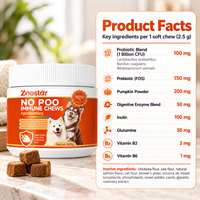 En stock : Friandises à mâcher molles probiotiques pour chiens, à base de Lactobacillus, Bacillus, FOS et Citrouille, pour la flore intestinale et le soutien des selles.
