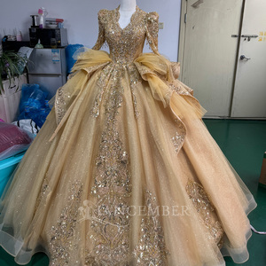 Mc053 Gold <b>Glitter</b> Tulle Prom Dress V Neck Long Sleeve Puff Shoulder Sequin Embroidered Crystal <b>Ball</b> Gown Jancember - Product Image 5