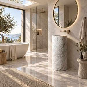 อ่างล้างหน้าทรงกลมหินอ่อนธรรมชาติคาร์ราร่าสีขาว ยี่ห้อ UnionStone แบบตั้งพื้น ขัดเงา/ขัดด้าน ดีไซน์มินิมอลสำหรับห้องน้ำ - Product Image 4