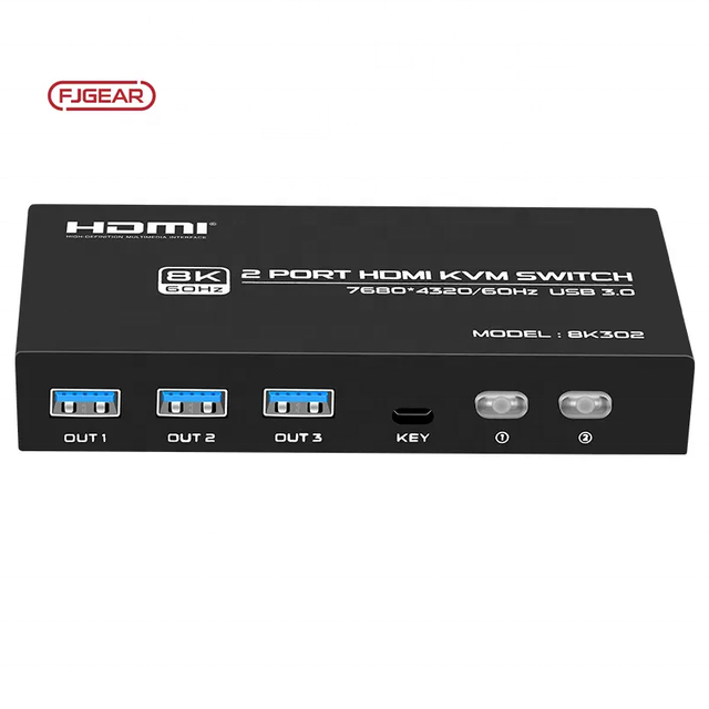 Fjgear Wholesale UHD Black 7680*4320/60Hz 5Gbps 500Mb/S Plug and Play 8K Hd Usb 3.0 Kvm Switch 2 Ports 8K