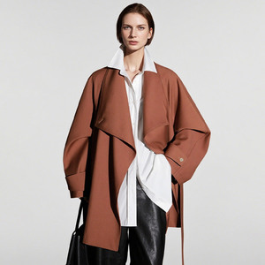 Nouvelle Tendance Printemps Automne Manteau <span class=keywords><strong>Trench</strong></span> <span class=keywords><strong>Femme</strong></span> Coupe Ample Grande Taille à Col Large Mi-long Ceinturé Couleur Unie - Product Image 2
