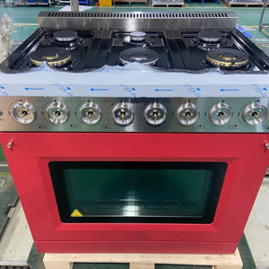 36 pulgadas. 5.5 pies cúbicos Estufa de Gas con 6 Quemadores y Horno de Convección de Gas en Acero Inoxidable y Puerta Roja y Perillas de Aleación de Zinc - Product Image 1