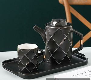 Service à thé en céramique à motif diamant promotionnel, 6 pièces, comprenant un pot et des tasses avec plateau - Product Image 6