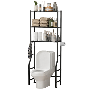 3-Tier Over the Toilet Storage Rack Freestanding Waterproof <b>Metal</b> Toilet <b>Shelf</b> Bathroom Space Saver Organizer <b>Shelf</b> with Hooks - Product Image 1