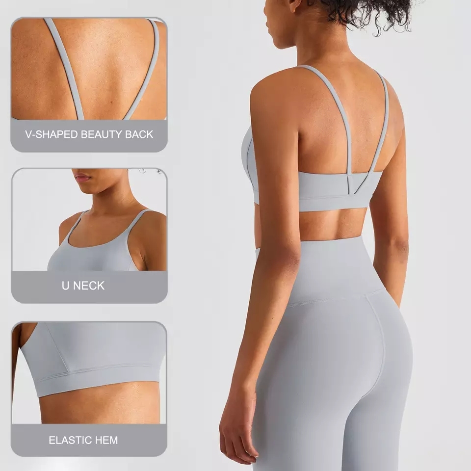 Hot Sale Unique Design U Neck Sexy Yoga Bra Crop Tops V-shaped Beauty Back Solid Color Backless Women Sports Bras
