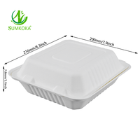 Sumkoka 8 inch PLA-folie PFAS-vrije biologisch afbreekbare wegwerpverpakking van suikerrietbagasse, gevormde voedselcontainer, clamshell bentobox