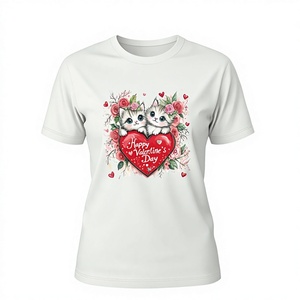 Camiseta de Mujer para el Día de San Valentín, con Estampado Digital de Corazón de Gato, Cuello Redondo, Manga Corta, Informal, Primavera Verano, 100% Algodón Jersey - Product Image 1