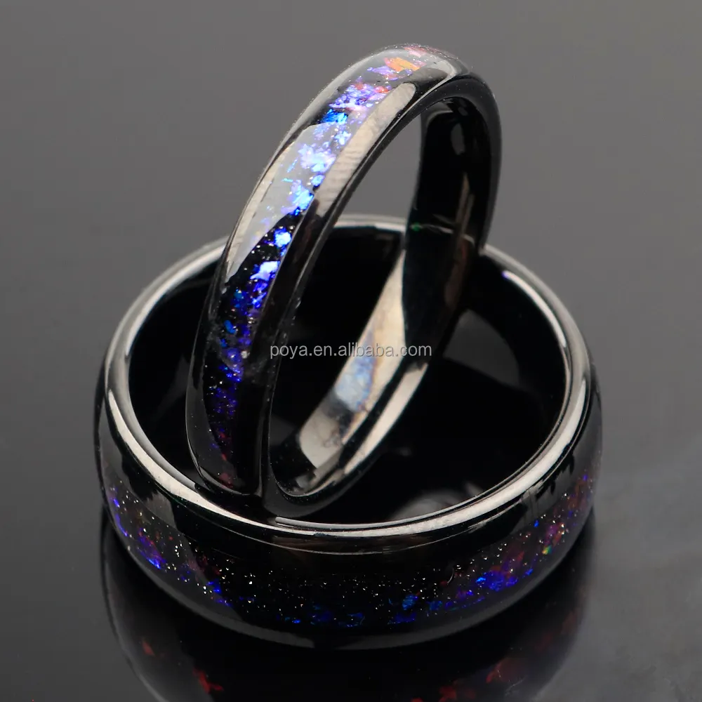 Poya anéis para casal de nebula, 8mm 6mm, preto, polido, dome, anel de casamento para homens, confortável