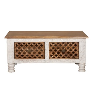 Handcrafted Wooden <b>Coffee</b> <b>Table</b> with Dual Drawers & Hidden Storage | Rustic <b>White</b> & Natural Finish Living Room Center <b>Table</b> - Product Image 3