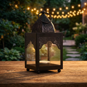 Lanterne marocaine carrée en métal noir avec fenêtre en verre et crochet perforé pour la décoration intérieure - Product Image 1